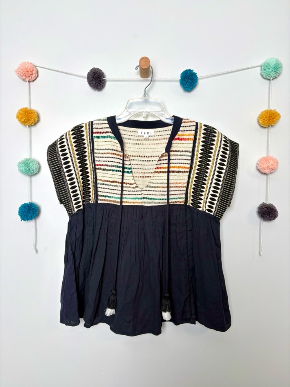 Anthropologie Black Boho Multicolor Embroidered Blouse